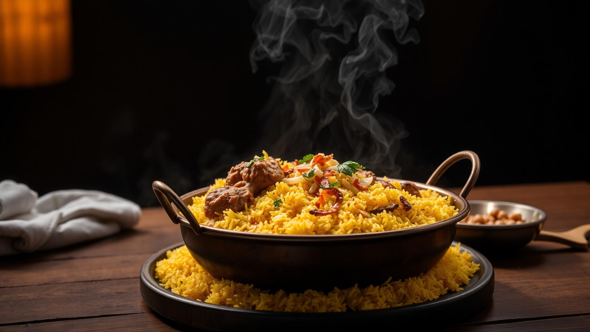Steaming Pakistani chicken biryani in a copper degh with saffron rice