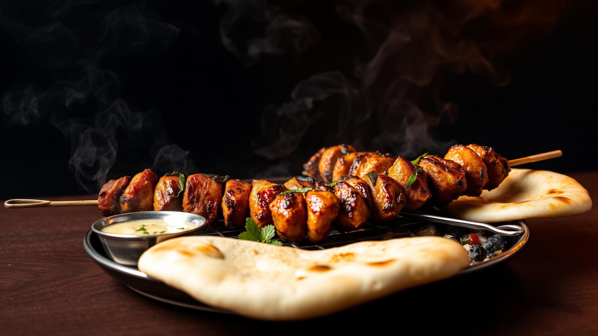 Charcoal grilled Pakistani BBQ platter with seekh kebab and naan